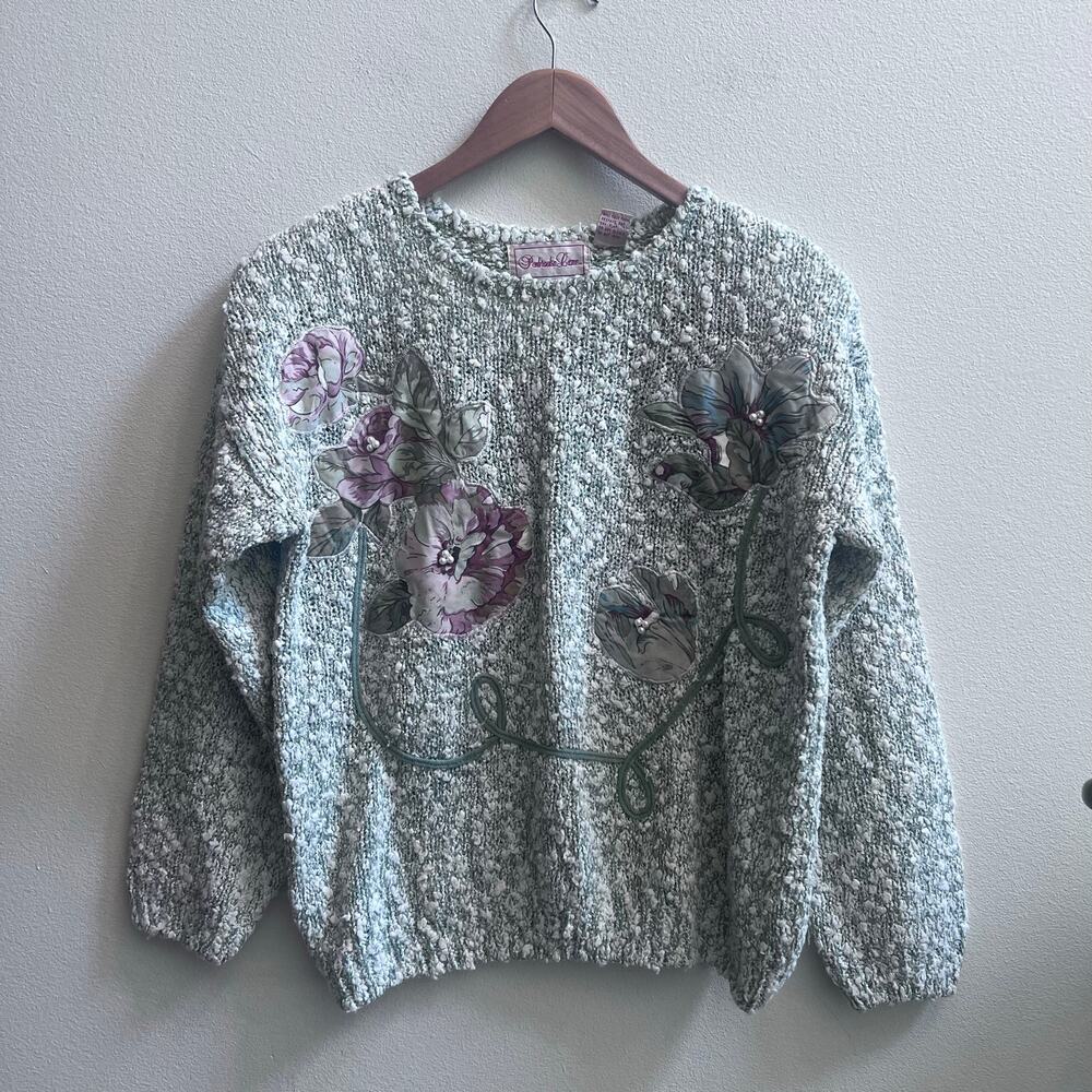 Penbrooke Lane Sweater Womens S‎ Crewneck Grandma Floral Applique Beads Vtg 80s